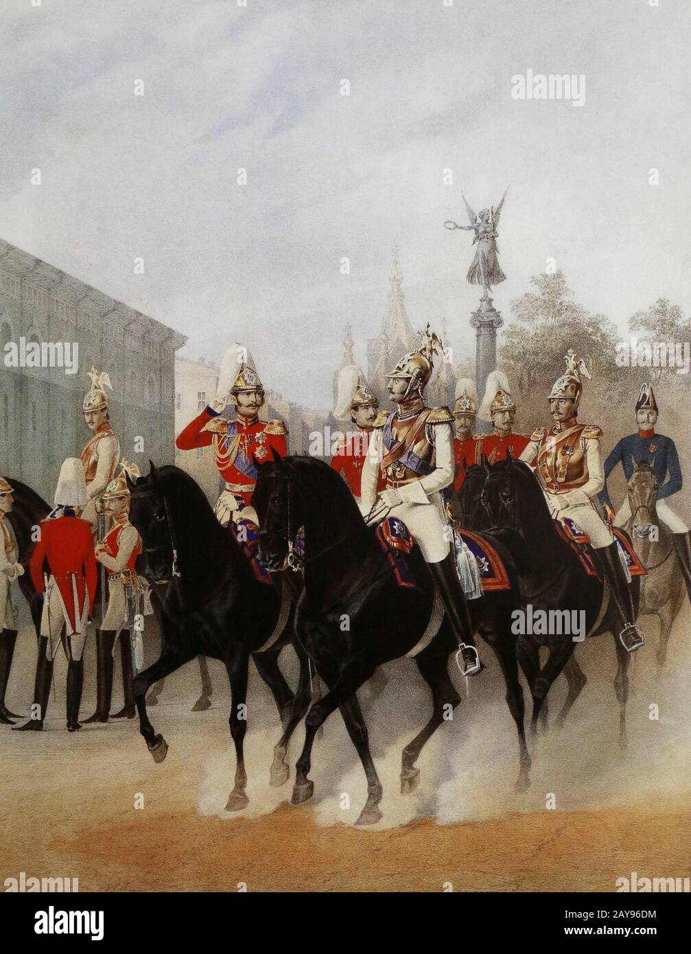 L'imperatore russo Nicholas i Pavlovich e il Granduca Alexander Nikolaevich con il suo retinue. Dipinto di K. Schmidt, 19th secolo. Foto Stock