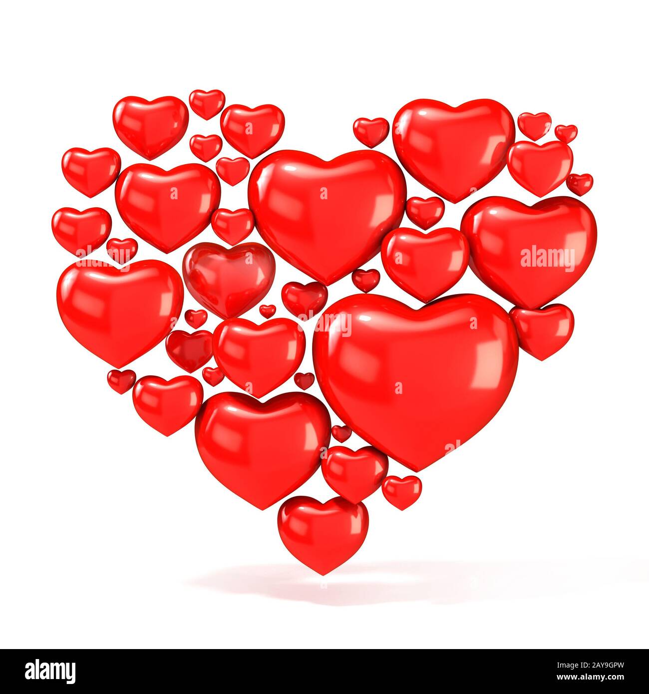 Dolce, rosso, bella cuori su sfondo bianco, disposti in forma di un grande cuore. 3D Foto Stock