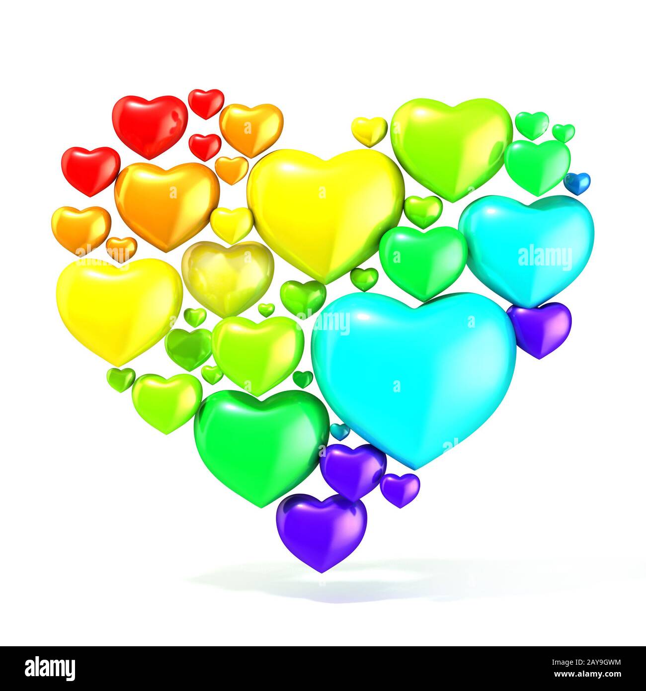 Cuori dolci, colorati, belli su sfondo bianco, disposti a forma di cuore grande. 3D Foto Stock