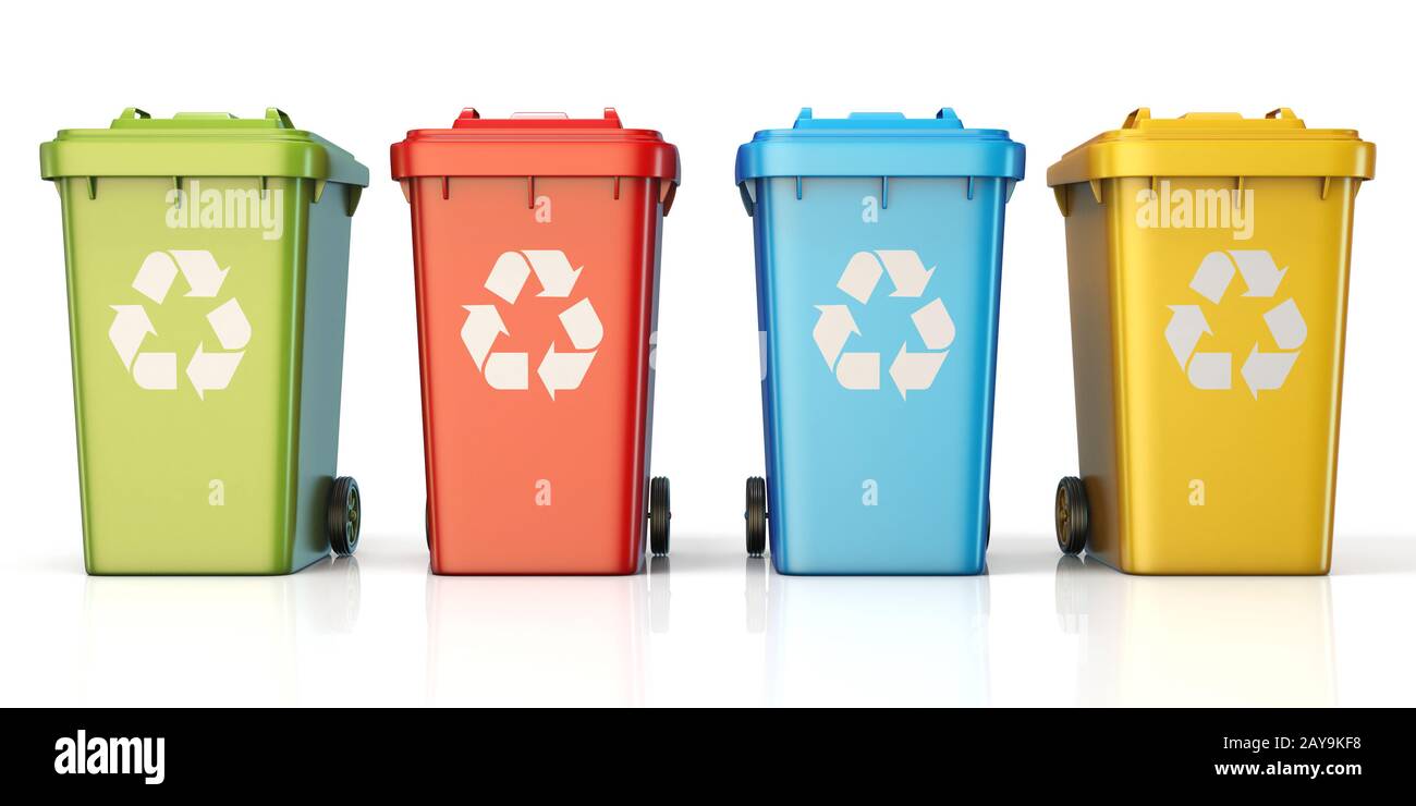 Contenitori per il riciclaggio di smistamento dei rifiuti di plastica, vetro, metallo, carta vista frontale 3D Foto Stock