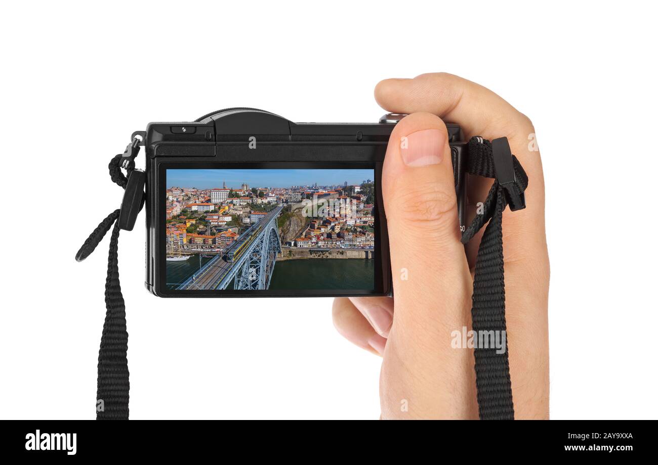 Mano con macchina fotografica e Porto centro storico - Portogallo (la mia foto) Foto Stock