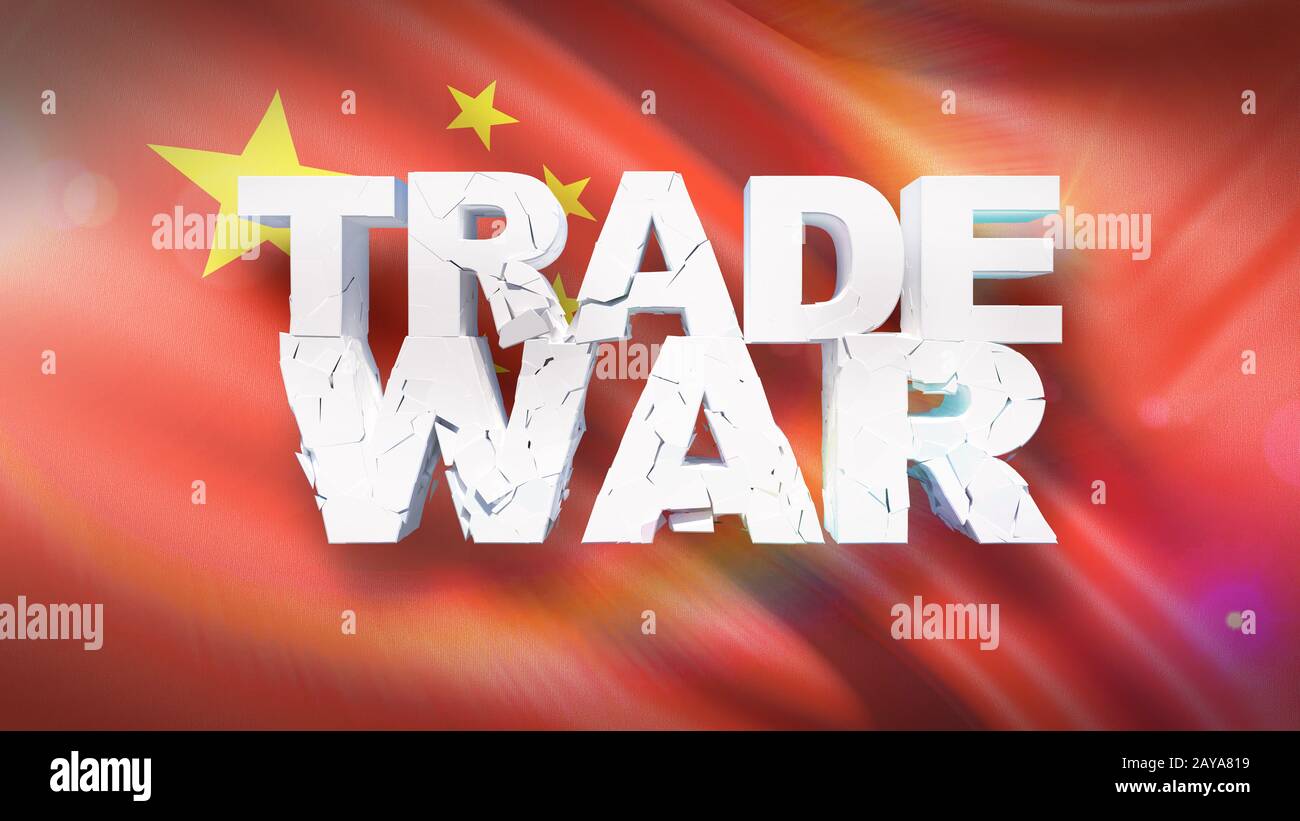 Guerra commerciale concetto. Testo incrinato sulla bandiera della Cina. 3D'illustrazione. Foto Stock