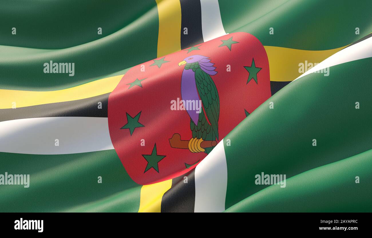 Sventolato altamente dettagliate di close-up Bandiera della Dominica. 3D'illustrazione. Foto Stock