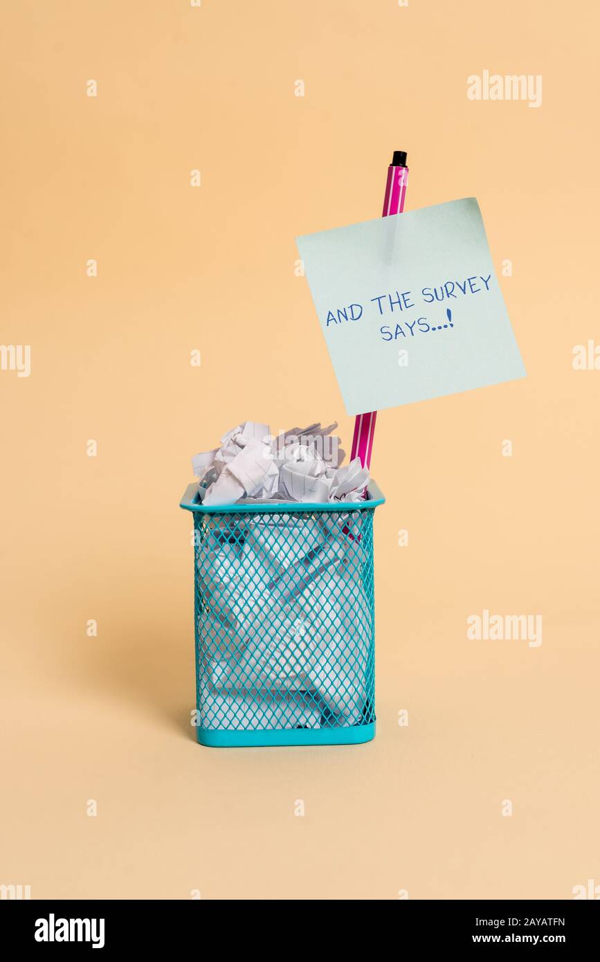 Text sign showing And The Survey Says. Conceptual photo written spoken results of short quiz or exam on internet. Foto Stock