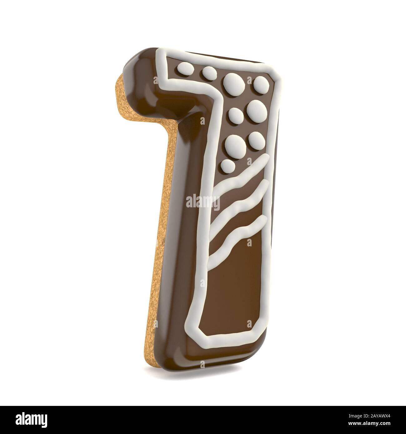 Numero sette 7 cioccolato Natale font di panpepato decorate con righe bianche e punti. 3D Foto Stock