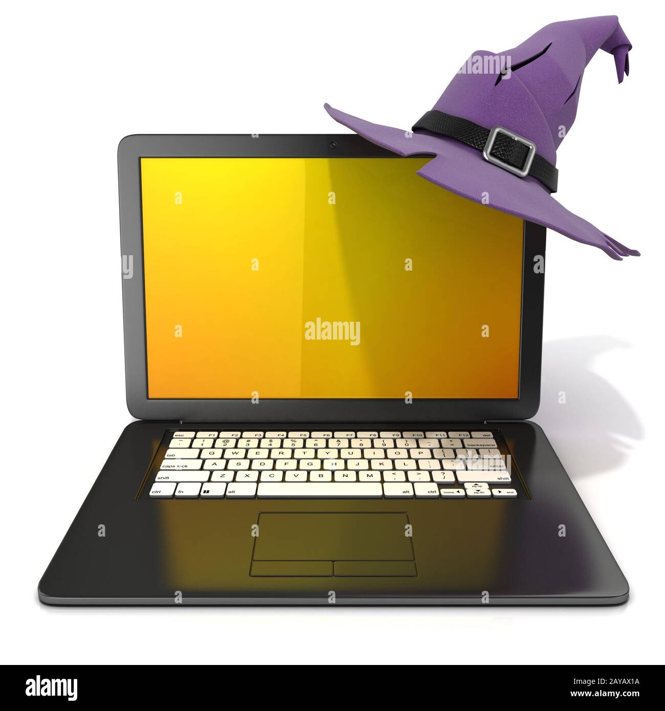 3D rendering di un nero aperto portatile con Halloween schermata colorata e viola witch hat Foto Stock
