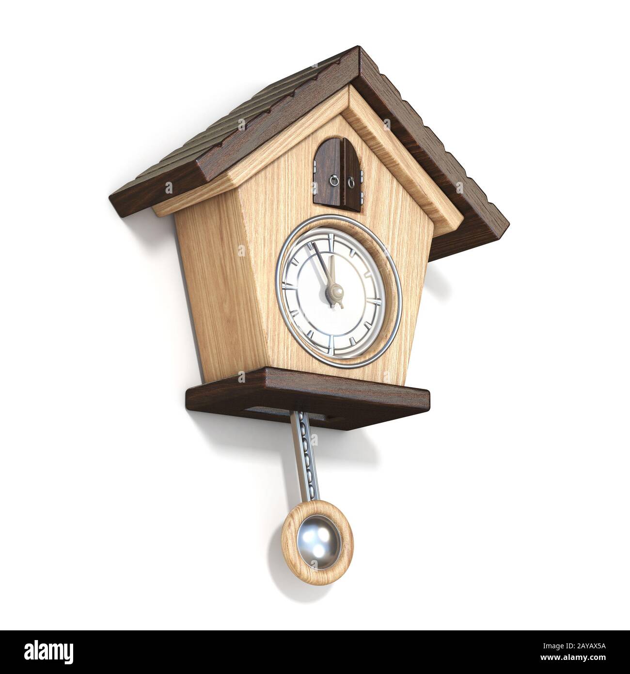 Tradizionale orologio a cucù in legno vista laterale 3D Foto Stock