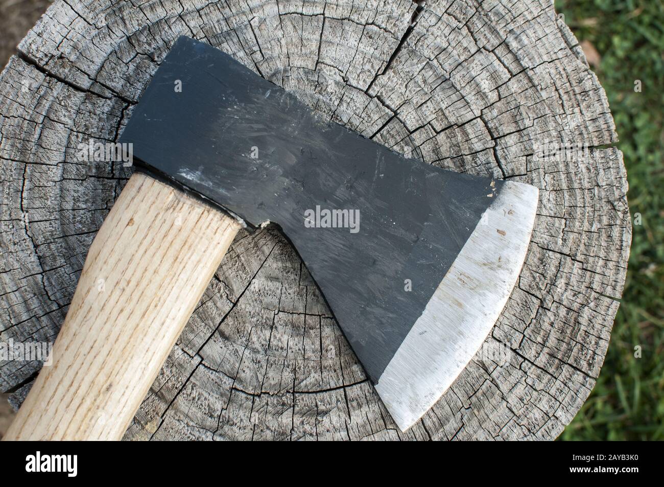 Una lama di taglialegna ascia con manico in legno closeup sul vecchio weathered tronco di albero Foto Stock