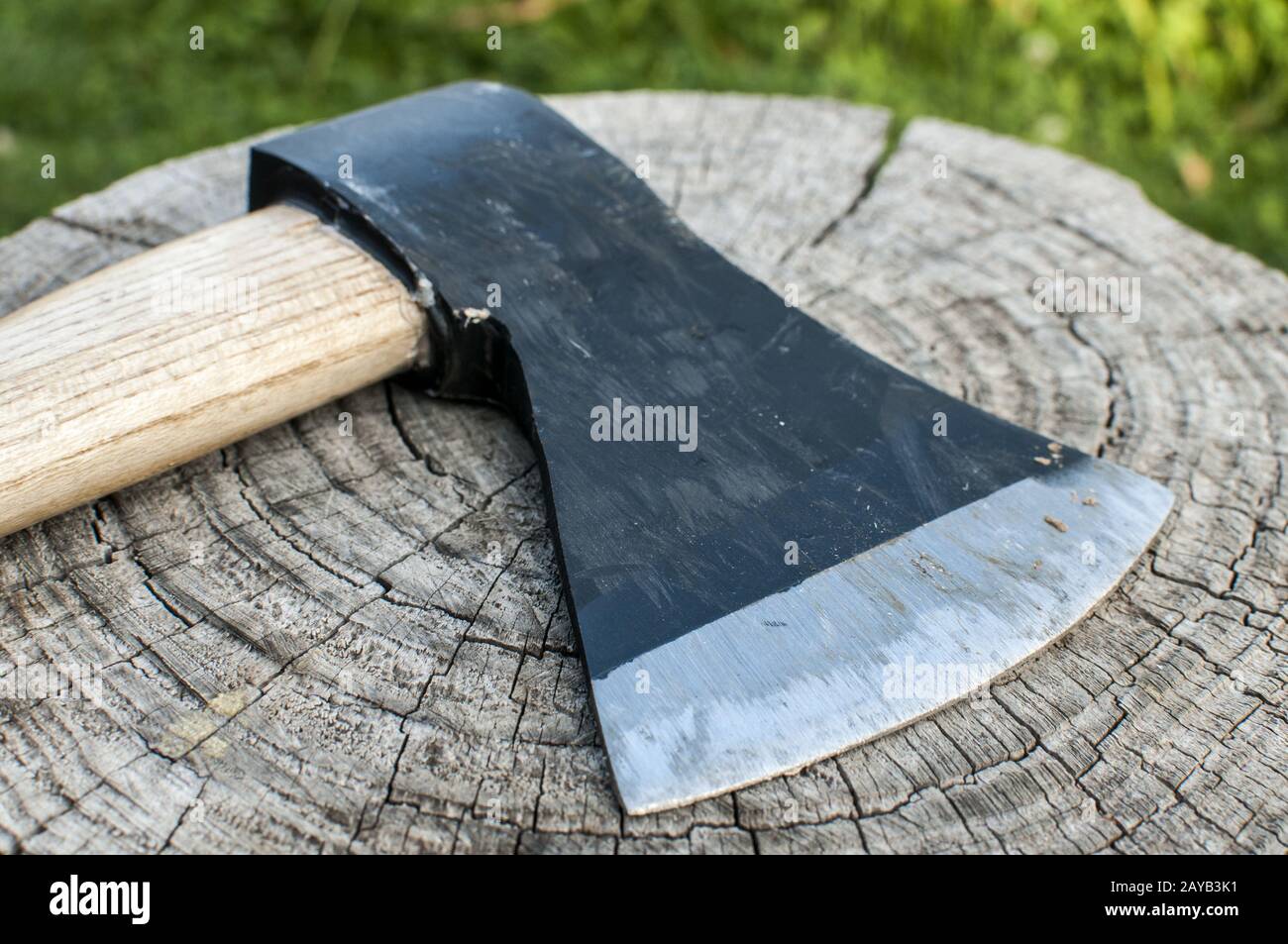 Una lama di taglialegna ascia con manico in legno closeup sul vecchio weathered tronco di albero Foto Stock