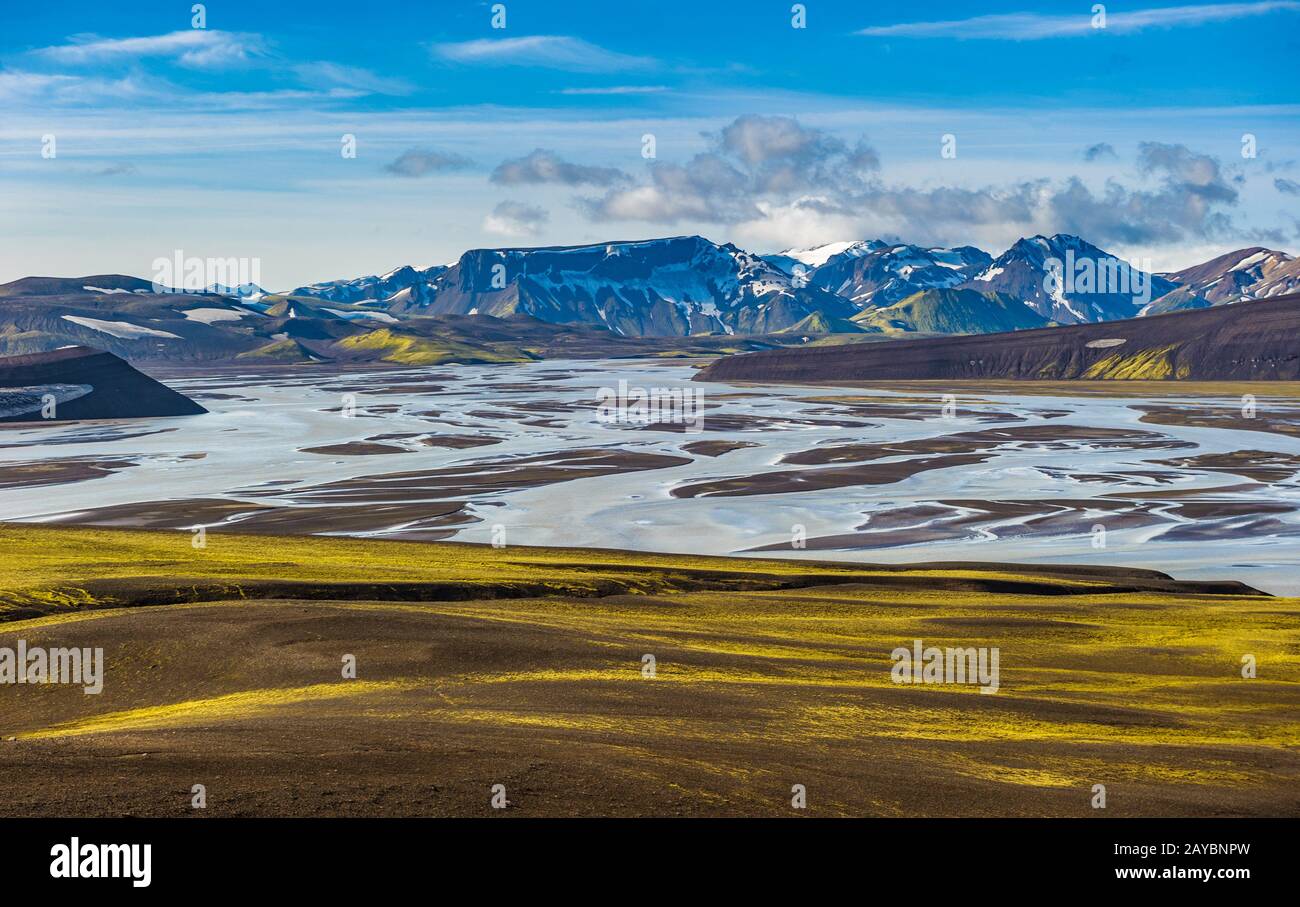 Fiume Tungnaa in scenic area Altopiano di Landmannalaugar, Islanda Foto Stock