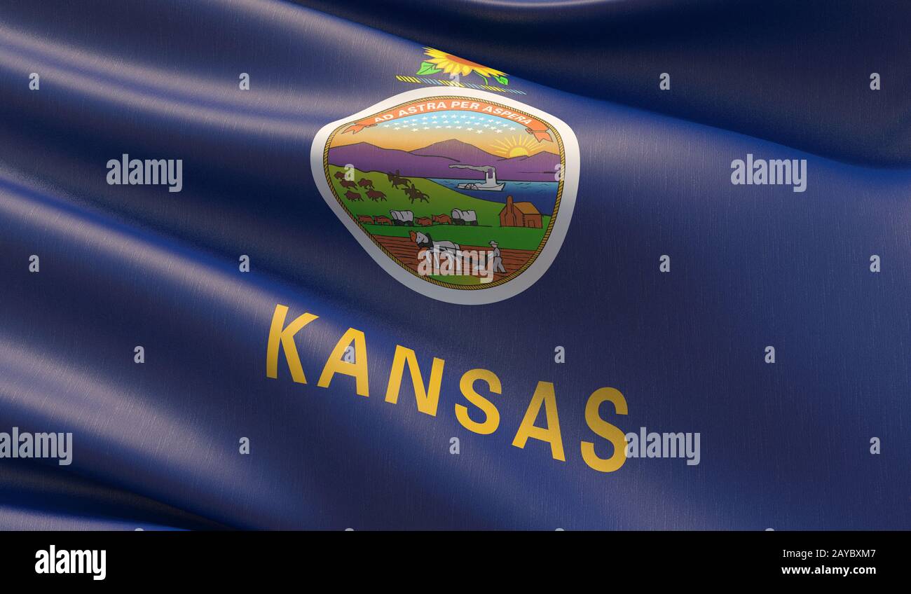 Close-up ad alta risoluzione Bandiera del Kansas - Stati Uniti d'America bandiere collezione. Illustrazione 3D. Foto Stock