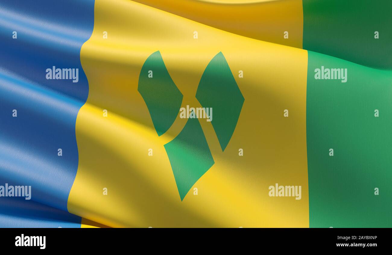 Alta risoluzione di close-up bandiera di Saint Vincent e Grenadine. 3D'illustrazione. Foto Stock