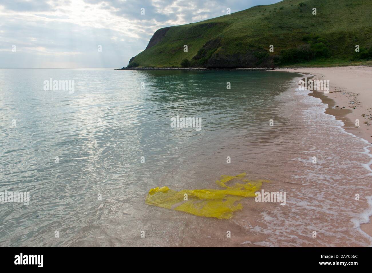 La plastica galleggia sulla spiaggia di Gili Banta (Isola di Banta), un antico vulcano disabitato, parzialmente sommerso, al largo della costa nord-occidentale di Sumbawa Foto Stock
