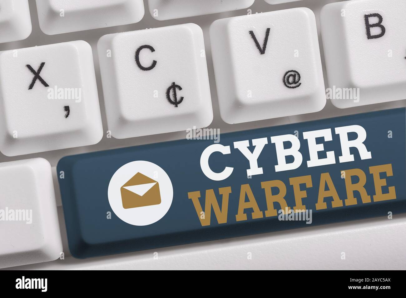 Testo per la scrittura di parole Cyber Warfare. Concetto di business per gli hacker di guerra virtuale attacchi di sistema ladro digitale Stalker tastiera bianca per pc Foto Stock