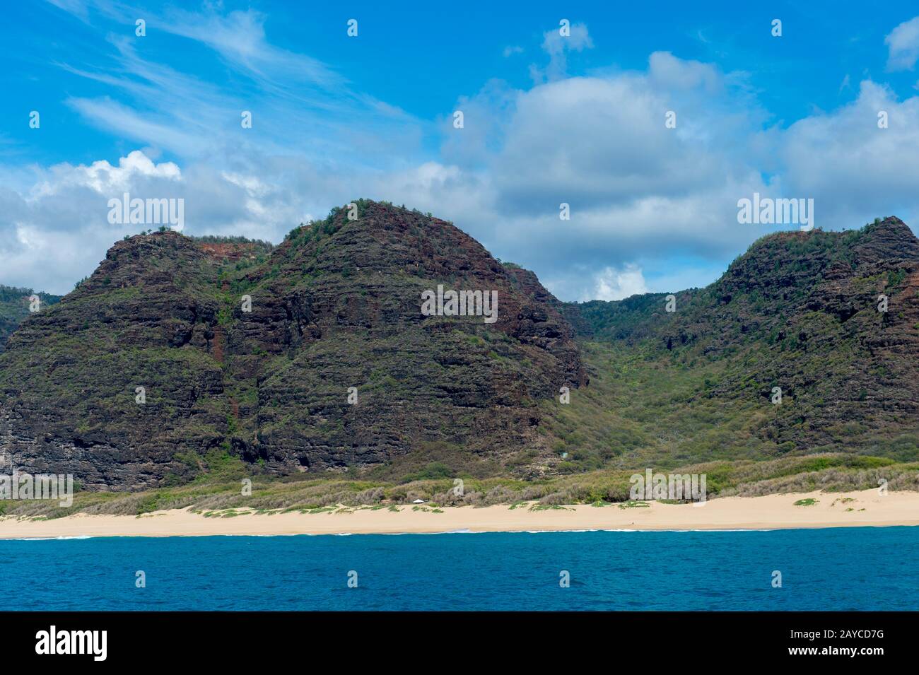 Vista della spiaggia al Polihale state Park sulla costa occidentale dell'isola hawaiana di Kauai, Hawaii, USA. Foto Stock