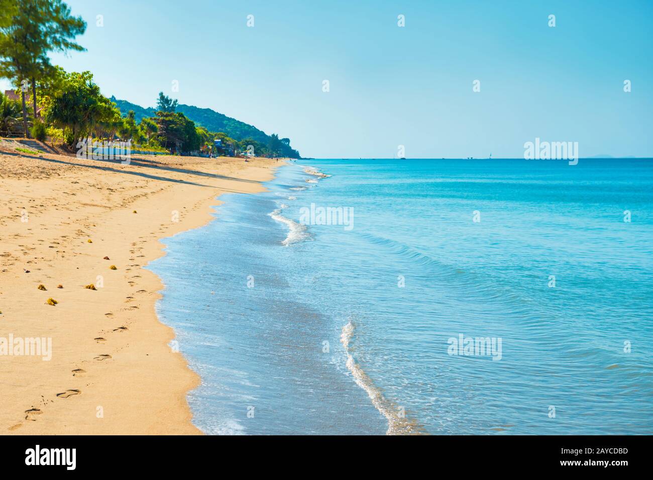 Paesaggio di isola tropicale con spiaggia di sabbia e mare blu Foto stock -  Alamy