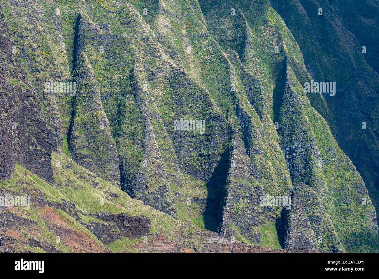 Vista da un'escursione in barca della costa di Na Pali sul lato occidentale dell'Isola Hawaiiana di Kauai, Hawaii, USA. Foto Stock