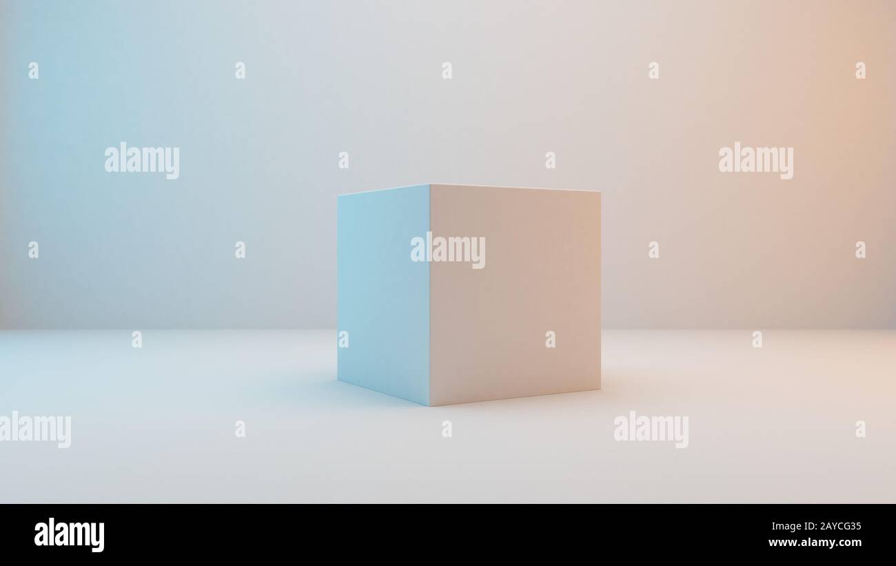 Cubo bianco latte isolato su sfondo bianco con illuminazione leggermente blu e arancione. Rendering 3D Foto Stock