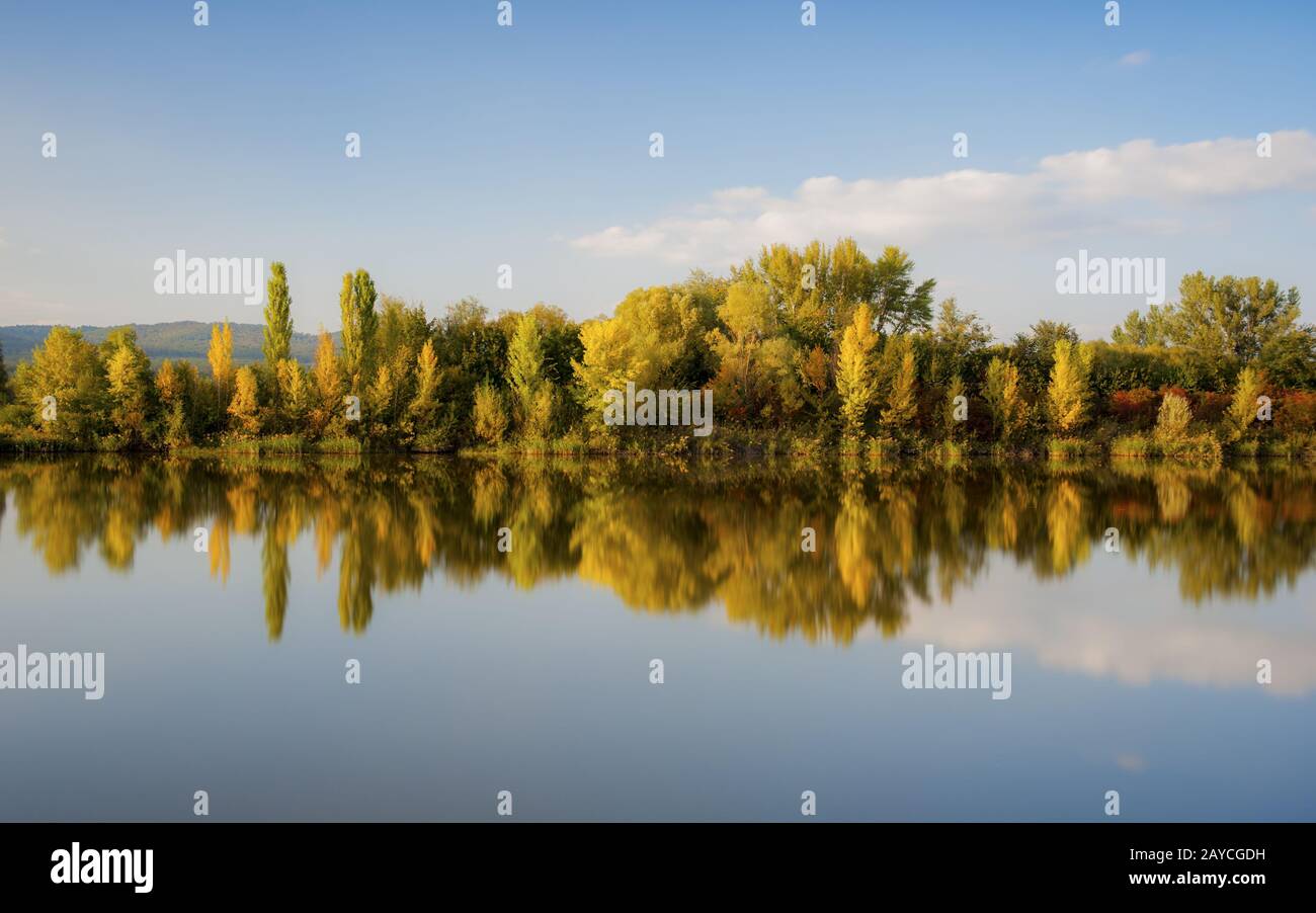 Riflessione del fogliame autunnale in un lago Foto Stock