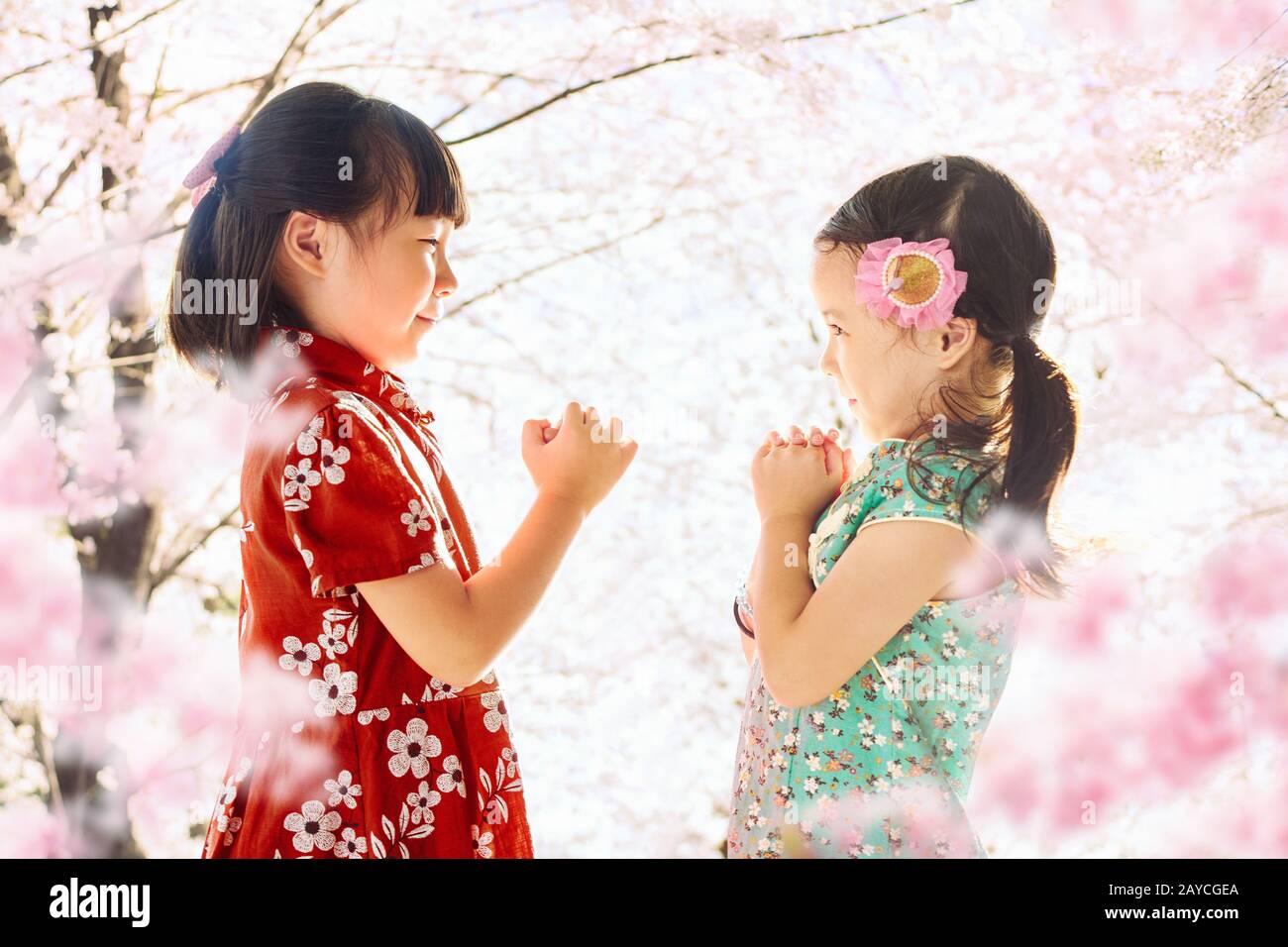 Due adorabile ragazza cheongsam da indossare durante il nuovo anno cinese stagione . Foto Stock