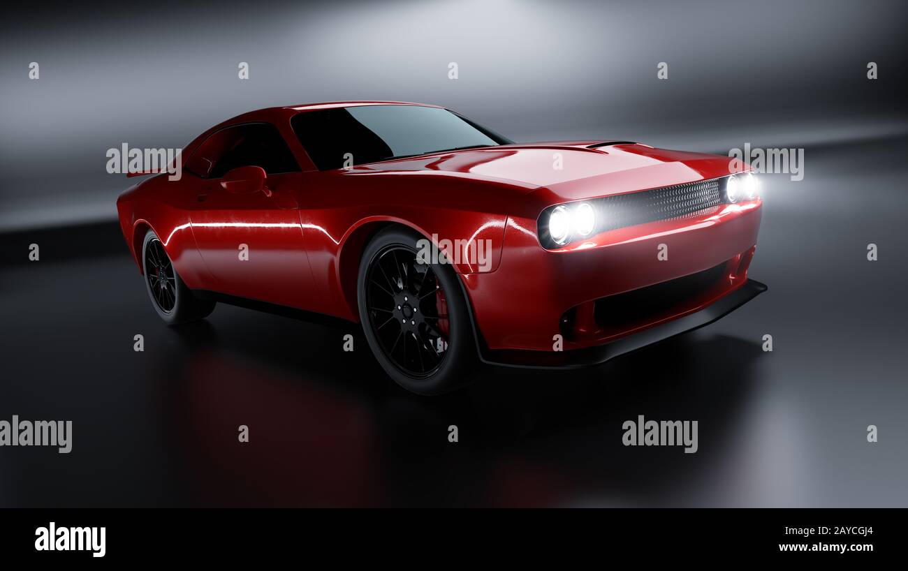 Vista frontale angolare di una generica auto muscolare americana senza brandless rosso su sfondo nero . Concetto di trasporto . illustrazione 3d Foto Stock