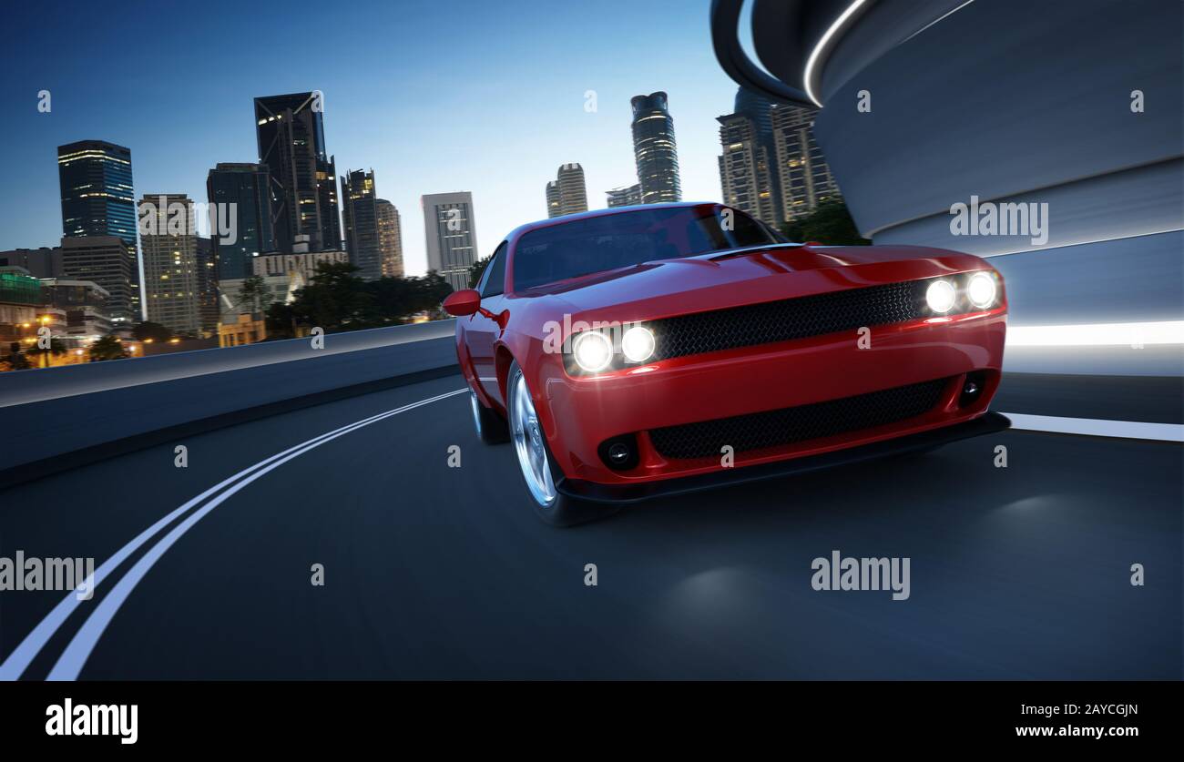 Vista frontale di un generico rosso brandless American muscle car in una strada della città con movimento blur . Concetto di trasporto Foto Stock