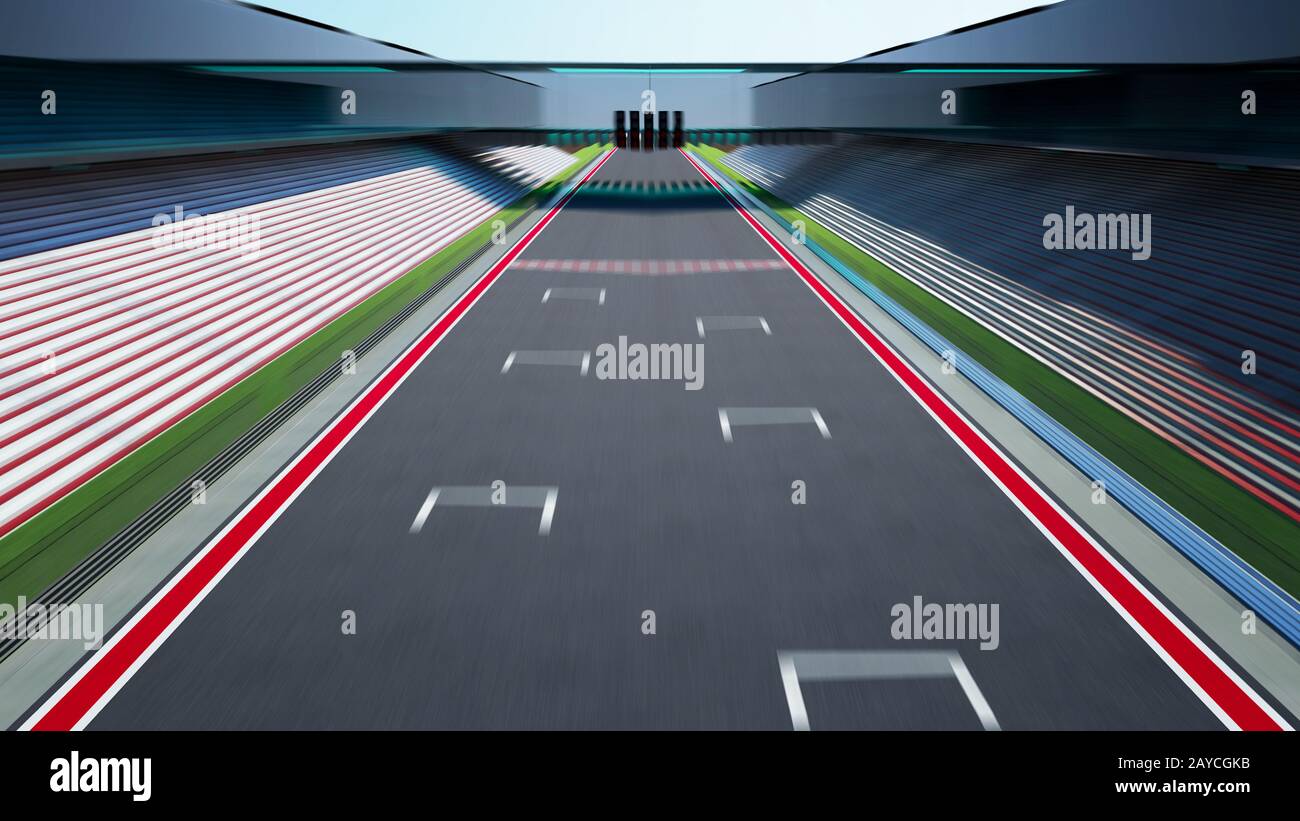 Vista laterale movimento sfocatura asfalto vuoto pista internazionale con linea di partenza e di arrivo . Foto Stock