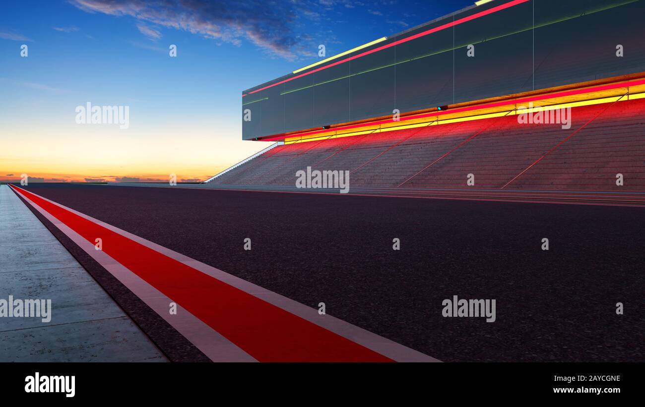 Vista della pista internazionale di asfalto a sfioro con linea rossa e bianca Foto Stock