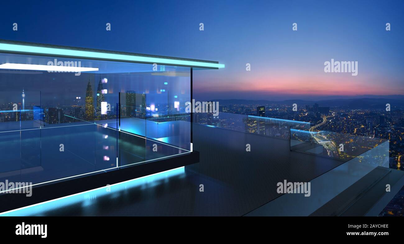 Rendering 3D di un moderno balcone di vetro con skyline della città reale sfondo fotografico Foto Stock