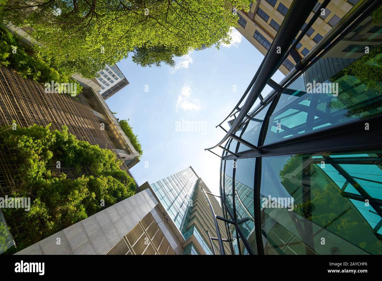 Bassa angolazione dei moderni edifici in vetro e verde con cielo chiaro dello sfondo. Foto Stock