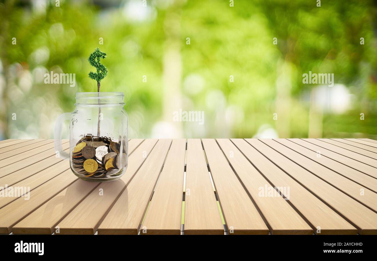 Monete nel vetro con la pianta di forma di soldi che cresce Foto Stock