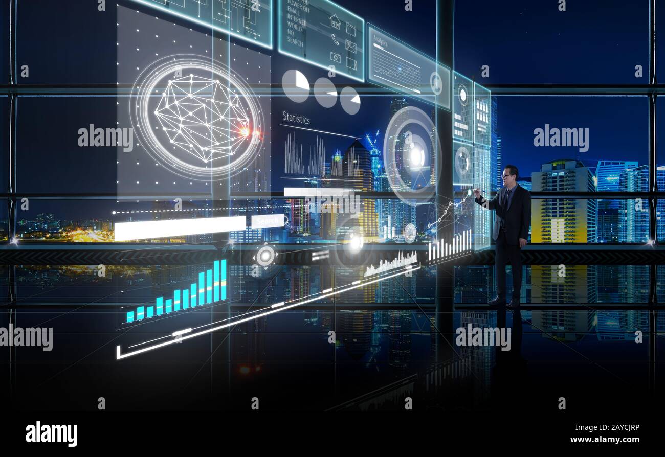 Analisi finanziaria intelligente lavorare in un ufficio moderno con i big data Foto Stock