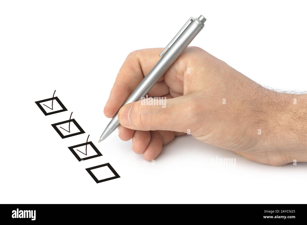 Mano con penna e caselle di controllo Foto Stock