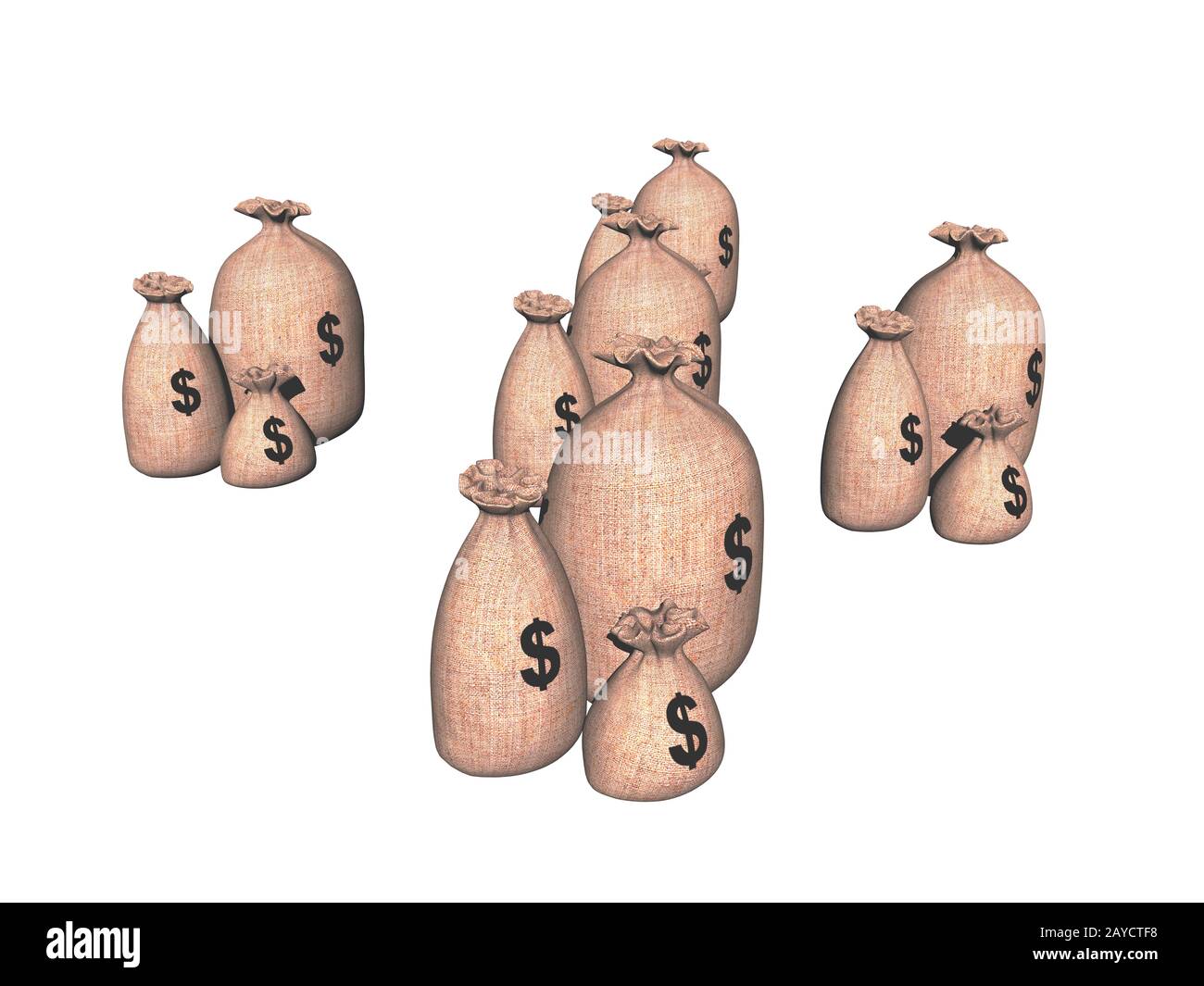 Borse di denaro fatte di iuta in diverse valute Foto Stock