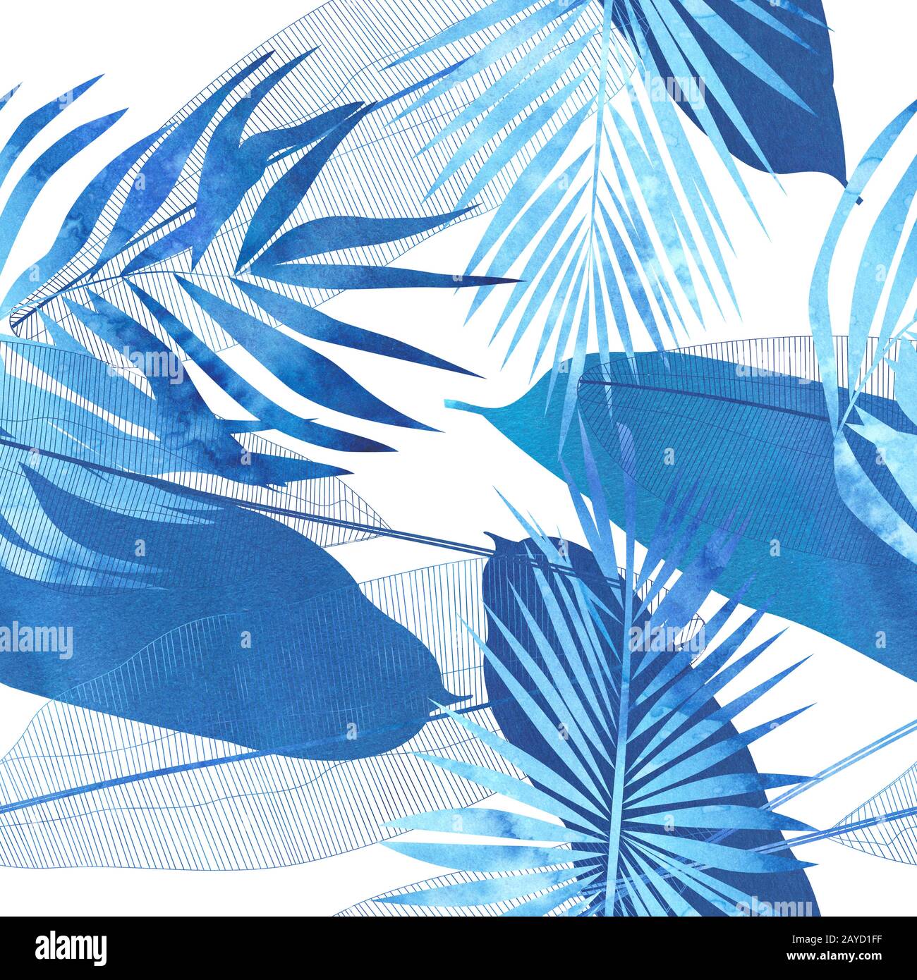 astratto tropicale senza cuciture con blu watercolor banana e foglie di palma Foto Stock
