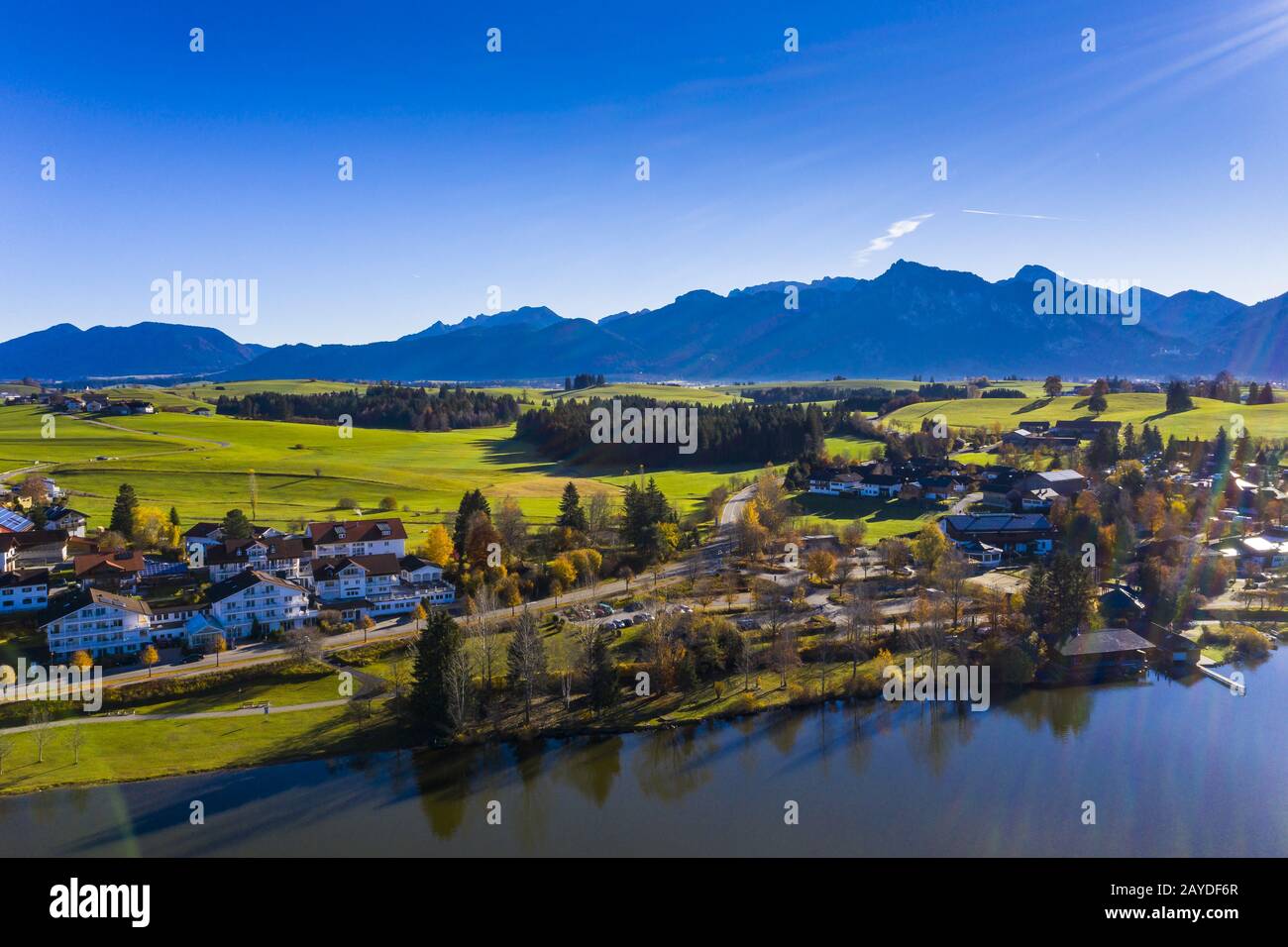 Veduta aerea Hopfensee, Ostallgäu, Baviera, Germania, Foto Stock