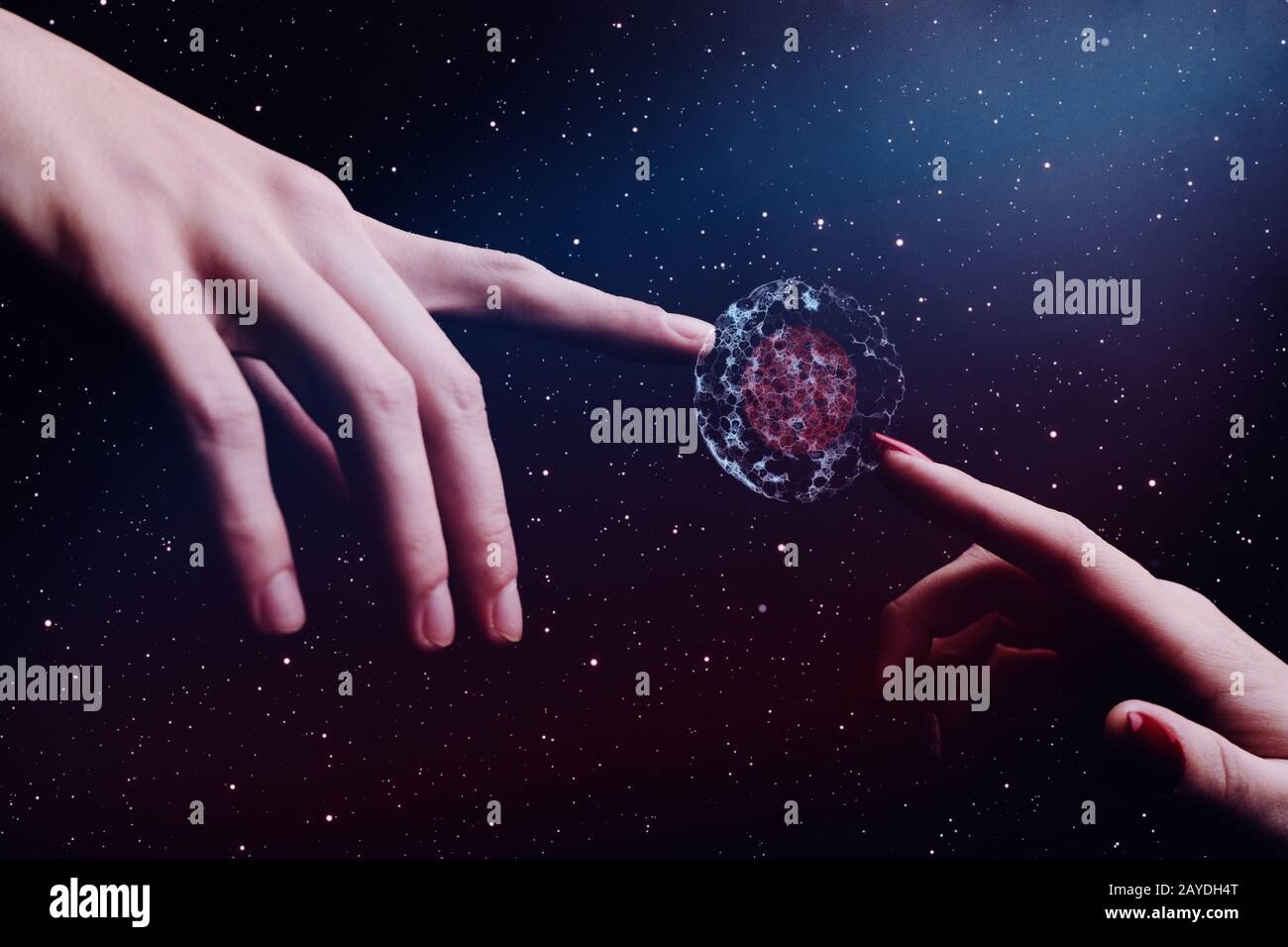 Donna e uomo il forefinger tocca la cella dividering.Nebula polvere in uno spazio infinito. Supporti misti. Foto Stock