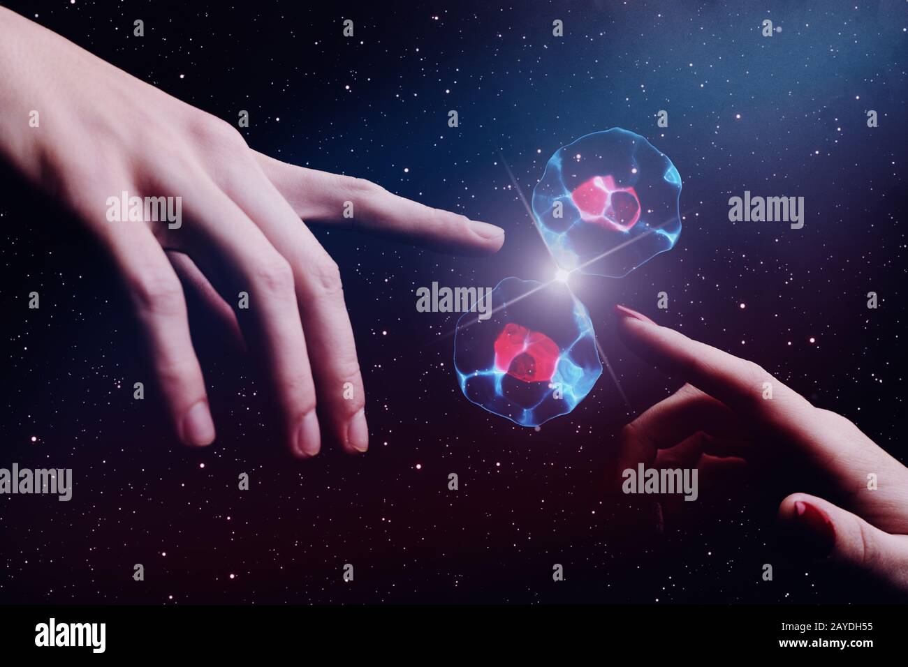 Donna e uomo il forefinger tocca la cella dividering.Nebula polvere in uno spazio infinito. Supporti misti. Foto Stock