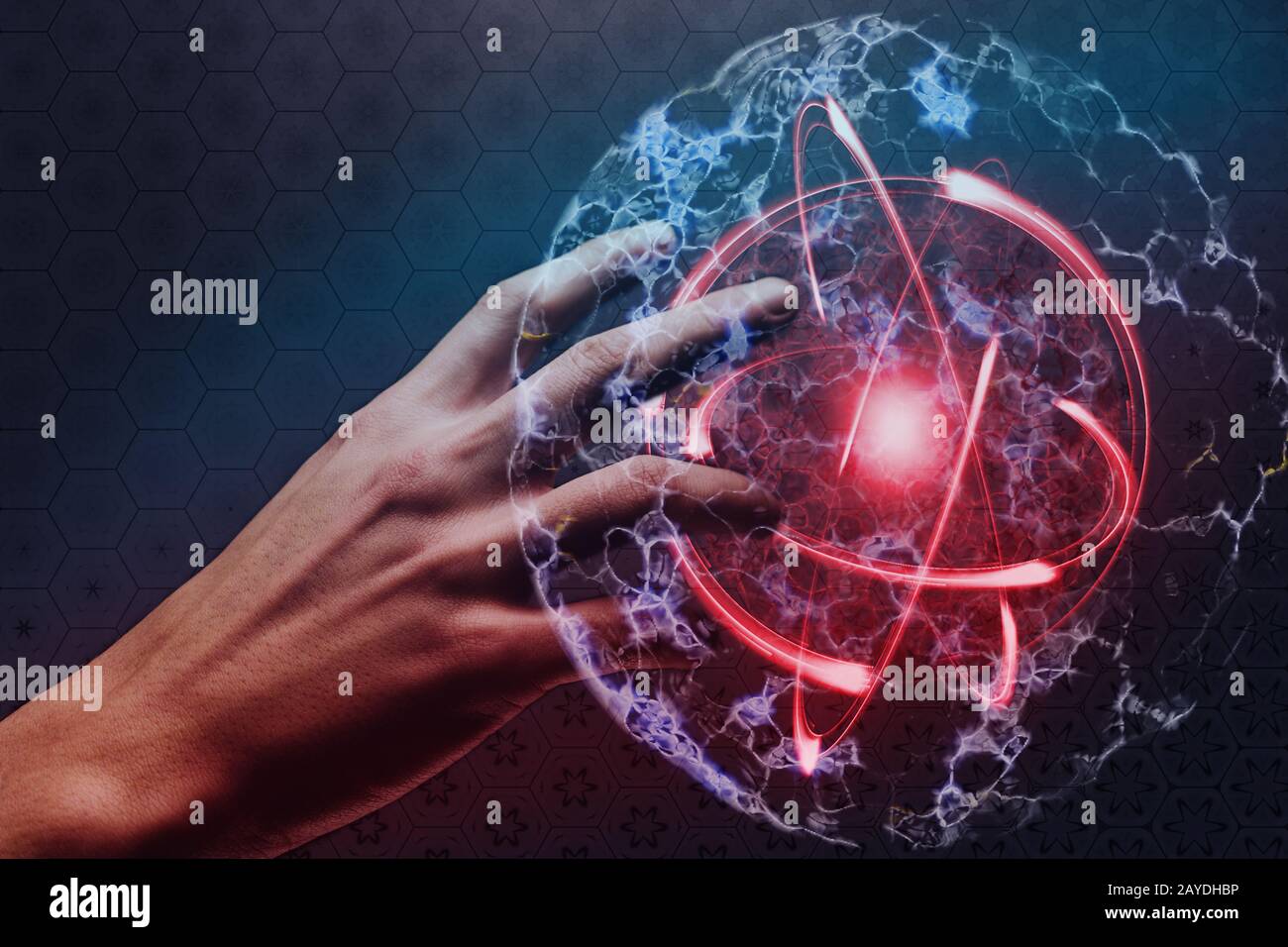 L'indice umano tocca la divisione cellulare. Polvere nebulosa in spazio infinito. Supporti misti. Foto Stock