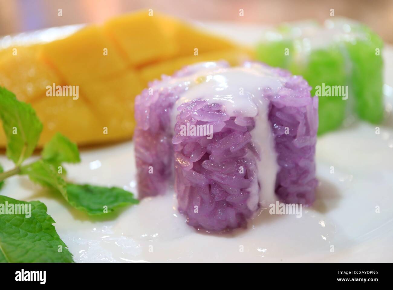 Closeup Popolare Thai Purple Riso Sticky Con Cremoso Latte Di Cocco E Fresco Maturo Mango Foto Stock