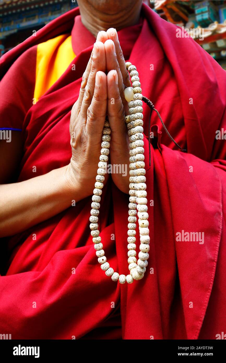 Mano di monaco che tiene il rosario buddista-mala-nenju Foto Stock