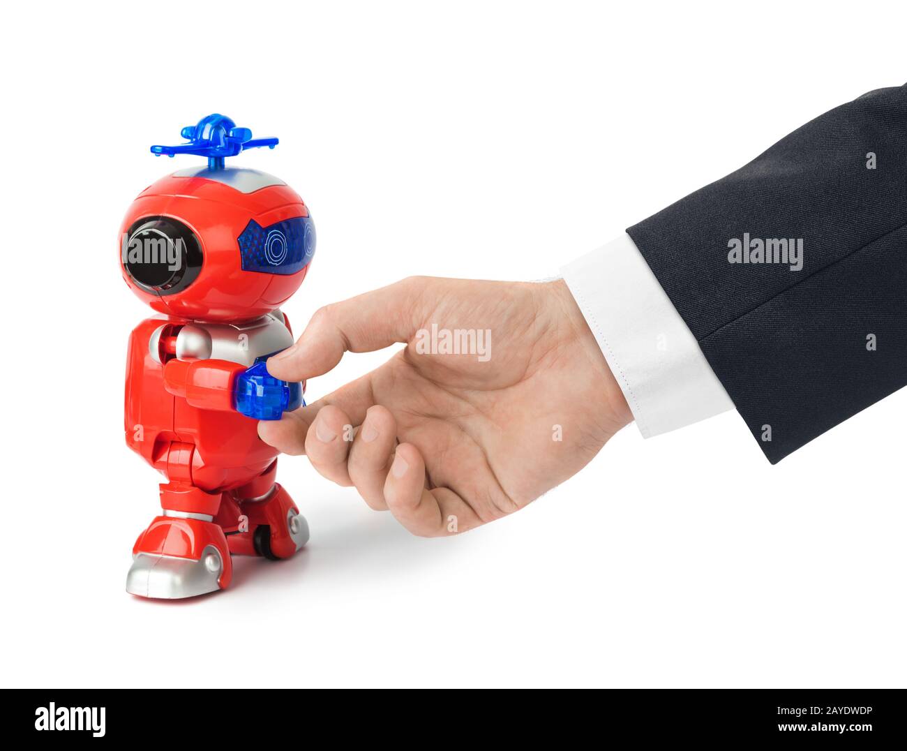 Handshake con robot giocattolo Foto Stock