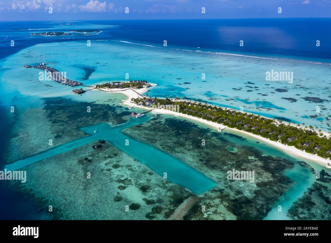 Vista aerea, Laguna dell'isola Maldive Maadhoo, Atollo Sud Male, Maldive Foto Stock