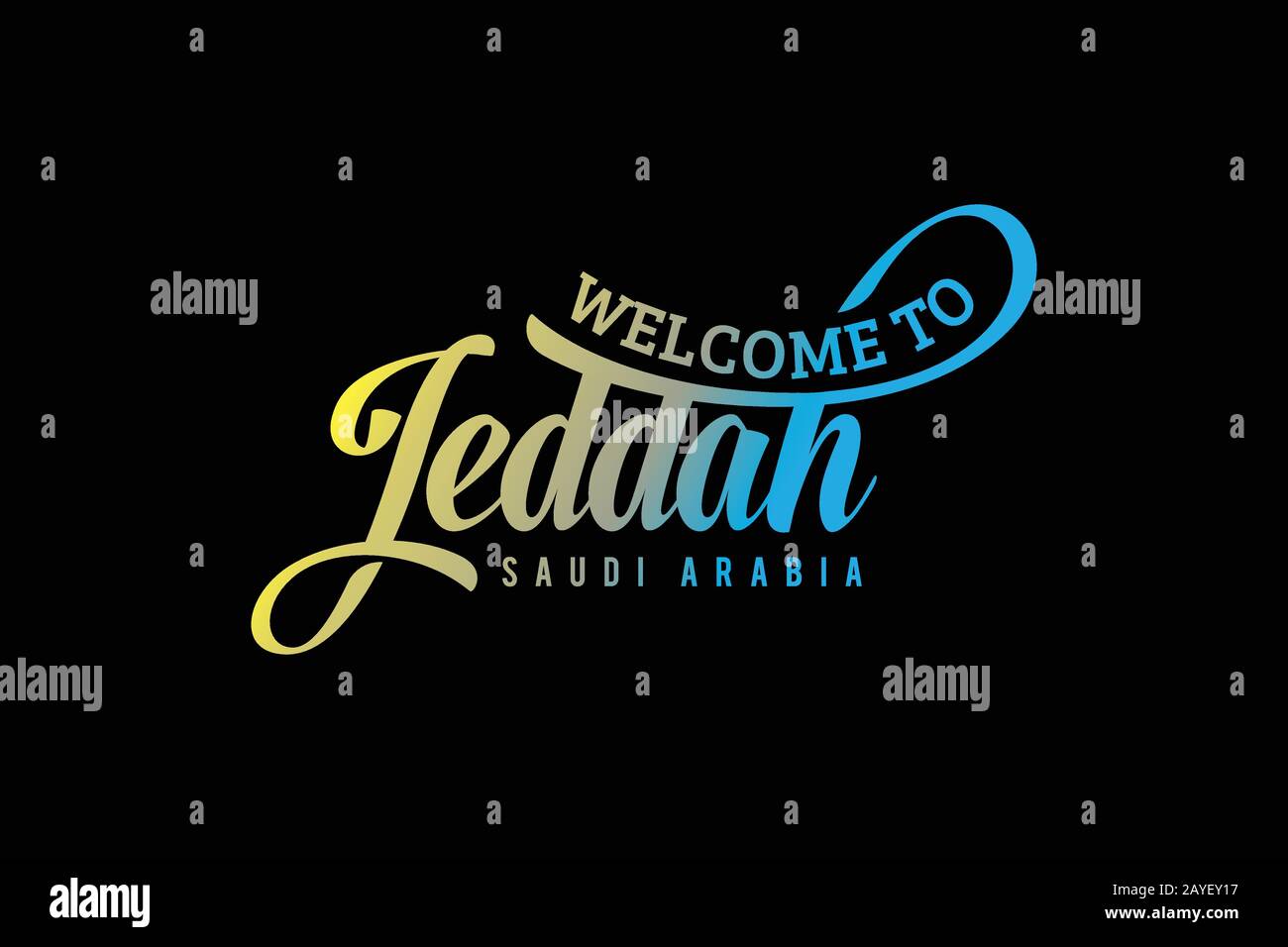 Benvenuti A Jeddah Arabia Saudita Word Testo Creative Font Design Illustrazione. Cartello di benvenuto Illustrazione Vettoriale