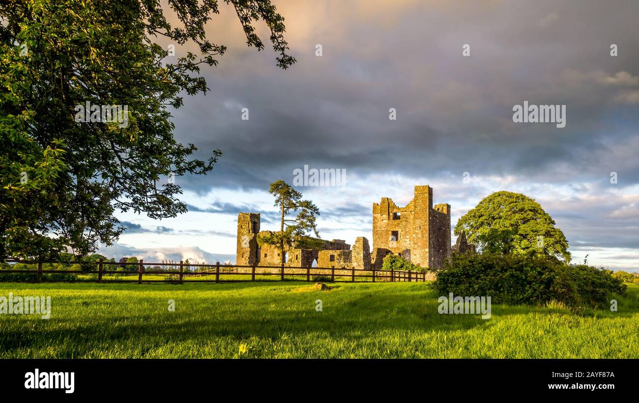 Rovine dell'abbazia di Bective con il cielo spettacolare al tramonto. Irlanda Foto Stock