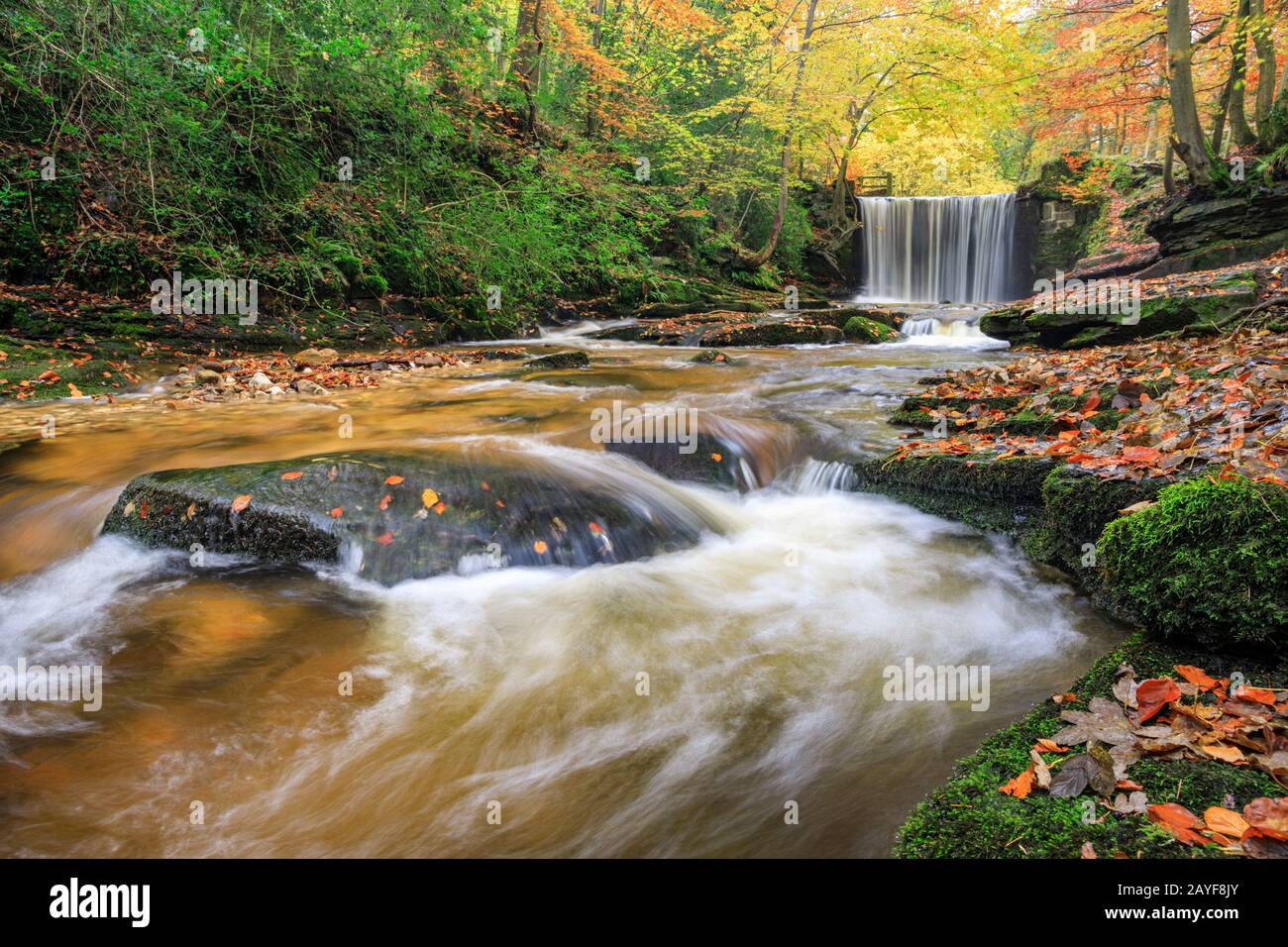 Cascata di Nant Mill vicino a Wrexham catturato in autunno. Foto Stock
