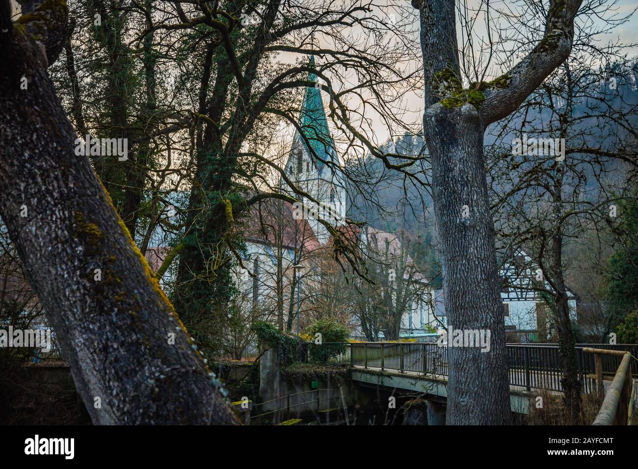 vista diversa dell'abbazia di blaubeuren attraverso gli alberi vicino al blautopf. Foto Stock