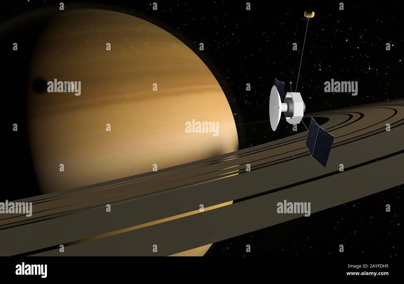 Pianeta Saturno, anelli e altre lune. Satellite esplorare al pianeta. figura 3d. Foto Stock