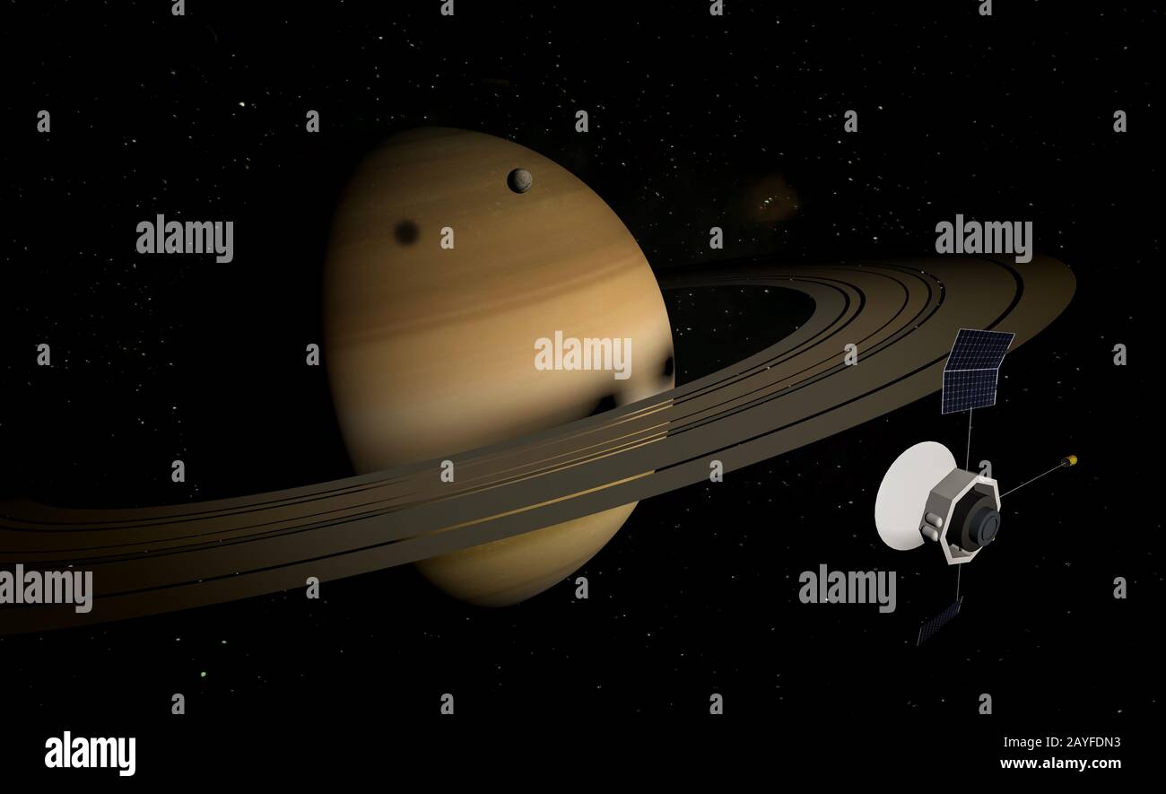 Pianeta Saturno, anelli e altre lune. Satellite esplorare al pianeta. figura 3d. Foto Stock