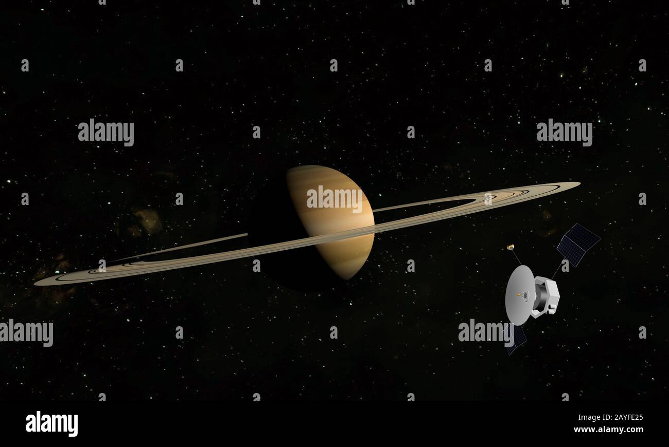 Pianeta Saturno, anelli e altre lune. Satellite esplorare al pianeta. figura 3d. Foto Stock